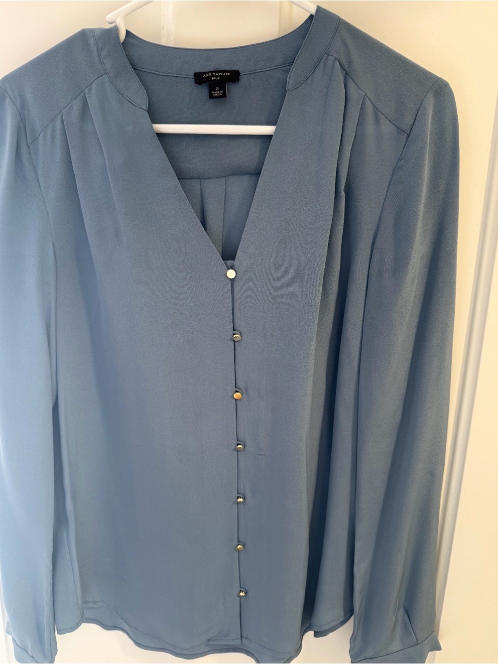 Ann Taylor Light Blue V-Neck Blouse with Button Front